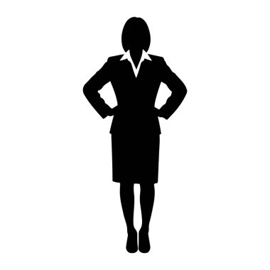 Beyaz bir arkaplan karşısında siyah bir kadın silueti beliriyor. Beyaz yakalı bir ceket ve etekten oluşan resmi bir iş elbisesi giyiyor. Elleri kalçalarına yerleştirilmiş, bu da kendine güvenen bir duruş olduğunu gösteriyor.