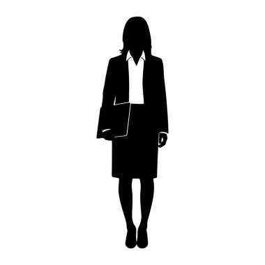Beyaz arka planda duran siyah bir kadın silueti. O, ceket, etek ve bluzdan oluşan resmi bir iş elbisesi giyiyor. Sol kolunda bir klasör tutuyor. Siluet temiz ve keskin. Yüzü belirgin değil.