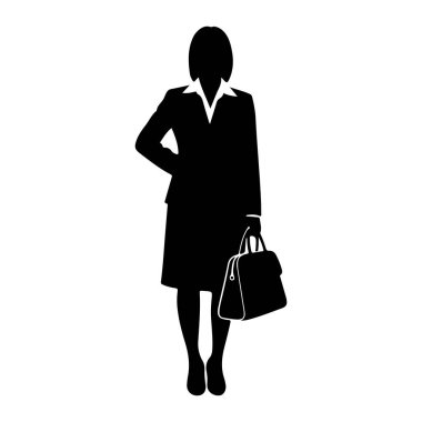 Siyah bir kadın silueti öne bakıyor. Resmi bir takım elbise, ceket, etek ve yakalı bir bluz giyiyor. Sol eli kalçasında, ve sağ elinde bir el çantası tutuyor. Siluet beyaz bir arka planda izole edilmiş.