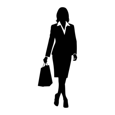 İş elbisesi giymiş, sol elinde alışveriş çantası tutan siyah bir kadın silueti. Tepeden tırnağa beyaz bir arkaplanda tasvir ediliyor. Siluet açıkça saç stilini, gömleğinin yakasını, ceketini, eteğini ve topuklarını gösteriyor..