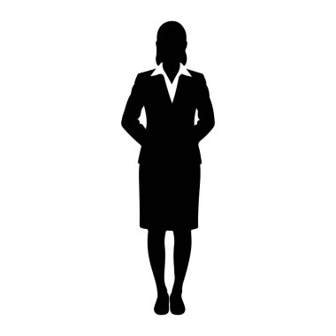 Beyaz bir arka plana karşı tüm vücudu ayakta duran siyah bir kadın silueti. Resmi bir iş elbisesi, ceket, etek ve yakalı bir gömlek giyiyor. Elleri görünmüyor..