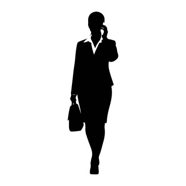 Siyah bir kadın silueti beyaz bir arkaplanda duruyor. Beyaz yakalı bir takım elbise giyiyor. Sağ eli kulağına doğru kaldırılmış, elinde bir cep telefonu var. Ayrıca sol elinde bir evrak çantası taşıyor. Siluet gösteriyor ki...