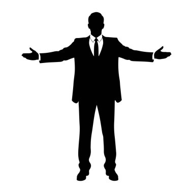 Takım elbiseli ve kravatlı bir adamın siyah silueti kollarını yanlara doğru açmış duruyor. Şekil beyaz bir arkaplanda izole edilmiştir..