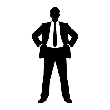Siyah siluet bir adam elleri kalçasının üzerinde duruyor. Ceketli, pantolonlu ve kravatlı bir takım elbise giyiyor. Siluet düz beyaz bir arkaplana karşı..