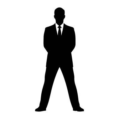 Siyah silueti olan bir adam öne bakıyor. O, ceket, gömlek ve kravat ile resmi bir takım elbise giyiyor. Elleri arkasından sıkıca bağlanmış ve bacakları hafifçe açılmış. Arkaplan düz beyaz.