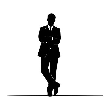 Siyah bir adam silueti kollarını kavuşturmuş ve bir bacağını diğerinin üzerine atmış duruyor. O bir takım elbise ve kravat takıyor. İnce siyah bir çizgi, görüntünün altından yatay olarak geçer. Arkaplan beyaz.
