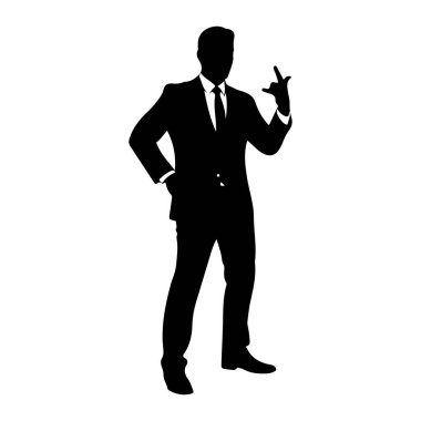 Takım elbiseli ve kravatlı bir adamın siyah silueti beyaz arka planda duruyor. Sol eli kalçasında ve sağ eli, işaret ve serçe parmakları bir rock 'n roll hareketiyle havada..