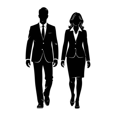 Bir adam ve bir kadının siyah silueti öne doğru yürüyor. Adam kravatlı bir takım elbise giyiyor ve kadın etek ve bluzla takım elbise giyiyor. Göğüsten aşağıya doğru betimleniyorlar, vücutları öne bakıyor ve bacakları ortada.