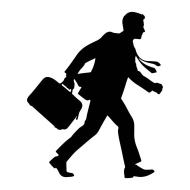 Elinde bir evrak çantasıyla yürüyen takım elbiseli ve kravatlı bir adamın siyah silueti tasvir ediliyor. Vücudu öne doğru dönük, hareket ve amacı gösteriyor. Kravat hafifçe hareket ediyor. Arkaplan sade beyaz, izole.