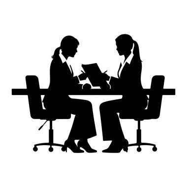 Siluetli iki kadın bir masada oturuyorlar, birbirlerine bakıyorlar. İkisi de resmi iş kıyafeti giyiyor, takım elbiseler ve yüksek topuklu ayakkabılar da dahil. Bir kadın elinde bir belge tutuyor ve bir şey anlatıyor ya da anlatıyor gibi görünüyor, diğer kadın ise... 