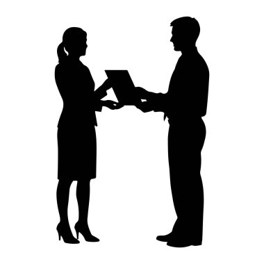 Profesyonel kıyafetli siyah bir kadın silueti ve gömlek ve kravat takmış bir adam yan yana dizüstü bilgisayar tutuyor. Bir iş toplantısı ya da sunumla meşgul gibi görünüyorlar. Arkaplan düz beyaz.