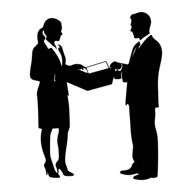 Takım elbiseli ve topuklu ayakkabılı siyah bir kadın silueti takım elbiseli ve kravatlı bir adama bakıyor. Her ikisi de aralarında tuttukları bir belgeye ya da klasöre bakıyor. Görüntü, beyaz bir arkaplanda basit bir siluet. Bu da bir meslek olduğunu gösteriyor.