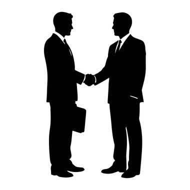 Takım elbiseli iki iş adamının siyah silueti el sıkışıyor. Bir adam evrak çantası tutuyor. Beyaz bir arkaplanda karşı karşıya geliyorlar..