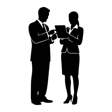 İş kıyafetleri giymiş bir kadınla bir adamın siyah silueti karşı karşıya duruyor. Adam ona bakan kadının elinde tuttuğu bir tableti işaret ediyor. Her iki figür de beyaz bir arkaplana karşı profil olarak resmedilmiş.