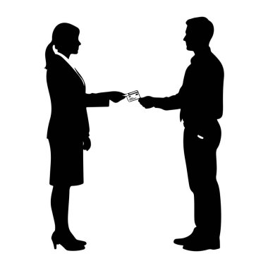 Takım elbiseli ve topuklu ayakkabılı siyah bir kadın silueti takım elbiseli bir adama bakıyor. Her ikisi de ellerini birbirlerine uzatıyor, aralarında küçük bir kart tutuyorlar. Kadının saçı at kuyruğu şeklinde geri çekiliyor. Arkaplan ne kadar sade