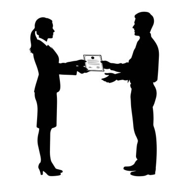 Takım elbiseli ve topuklu ayakkabılı siyah bir kadın silueti takım elbiseli bir adama bakıyor. İkisinin de elinde elleri açık bir belge var. Belge bir sertifika veya ödül gibi görünüyor. Arkaplan beyaz.