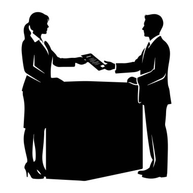 Takım elbiseli ve topuklu ayakkabılı siyah bir kadın silueti solda duruyor, sağdaki takım elbiseli bir adama bir belge veriyor. Karanlık, dikdörtgen bir tezgahın zıt taraflarındalar. Arkaplan beyaz.