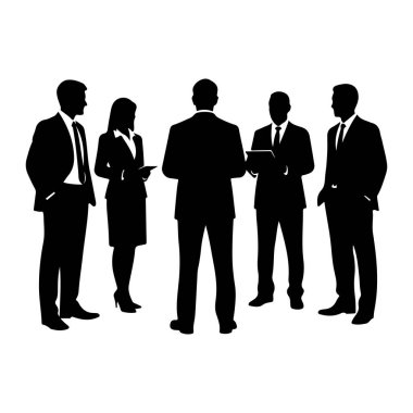 Beyaz bir arka planda daire oluşturan beş iş adamından oluşan siyah bir siluet. Takım elbise ve kravat da dahil hepsi resmi giyinmiş. Bazı belgeler ya da tabletler, bir toplantı ya da tartışma olduğunu düşündürüyor