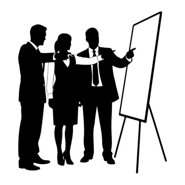 Resmi iş kıyafeti giymiş üç kişinin siyah silueti bir tripod standında beyaz bir tahtanın etrafında duruyor. İki erkek ve bir kadın tasvir ediliyor. Sağdaki bir adam sağ eliyle boş tahtayı işaret ederken, soldaki adam... 