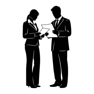 Siyahi bir siluet, iş kıyafetleri giymiş bir kadın ve bir adam karşı karşıya duruyor, belgelere bakıyor ve onları tutuyorlar. Erkek takım elbise giyer ve kravat takar, kadın ise pantolon ve yakalı gömlek giyer. Bir profesörle meşgul gibi görünüyorlar.