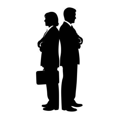 Sırt sırta duran bir adamla bir kadının siyah silueti. İkisi de resmi takım elbise giyiyor ve kollarını kavuşturuyorlar. Kadının elinde bir evrak çantası var. Arkaplan beyaz.