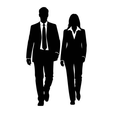 Resmi bir iş elbisesi giymiş siyah bir kadın ve erkek silueti beyaz bir arka planda yan yana yürüyorlar. Adam takım elbise ve kravat takıyor, kadın da ceket ve bluz giyiyor. Şekilleri simsiyahtır, katıksız bir c oluştururlar.