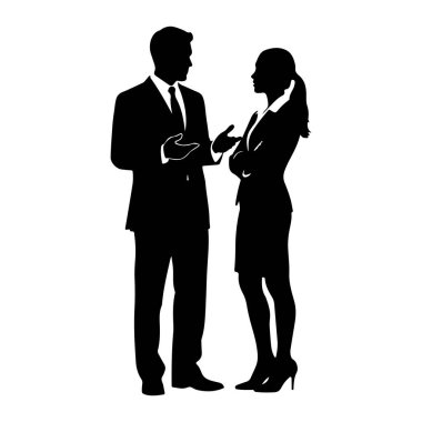 Resmi bir iş kıyafeti giymiş, yüz yüze görüşen bir kadınla bir adamın siyah silueti. Adam takım elbise giyiyor ve kravat takıyor. Bir eli de dışarı doğru hareket ediyor. Kadın, takım elbiseli, kollarını kavuşturmuş...