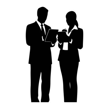 İş kıyafetleri giymiş bir adam ve bir kadının siyah silueti karşı karşıya duruyor, hem belgelere hem de tabletlere bakıyor. Kadın takım elbise ve yakalı gömlek giyerken erkek takım elbise ve kravat giyer. Bir şeyle meşgul gibi görünüyorlar.
