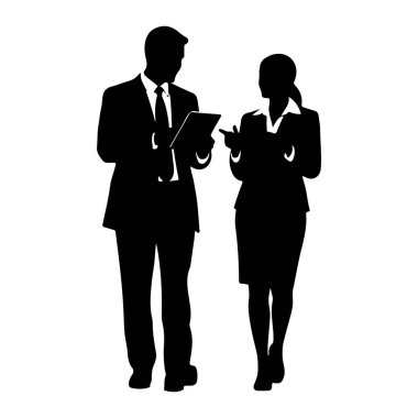 İş kıyafetleri giymiş bir adamla bir kadının siluetleri birbirine bakıyor. Takım elbiseli ve kravatlı adam elinde bir tablet tutuyor ve bir şeyleri açıklıyormuş gibi görünüyor. Kadın, takım elbiseli ve etekli, tablete bakıyor ve eliyle işaret ediyor.