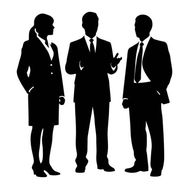 Beyaz bir arkaplanda üç tane iş adamı silueti tasvir ediliyor. İki erkek ve bir kadın ayakta ve sohbet ederken görülüyor. Kadın solda, etekli ve saçları arkadan bağlanmış bir takım elbise giyiyor. İki adam.
