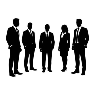 Beş siyahi profesyonel, dört erkek ve bir kadından oluşan bir grup beyaz bir arkaplan karşısında duruyor. Takım elbiseler ve kravatlar da dahil hepsi resmi giyinmiş. Rakamlar belden yukarısına doğru çizilmiş, birkaç el de cebe girmiş.