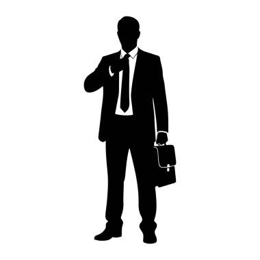 Takım elbiseli ve kravatlı bir adamın siyah silueti beyaz arka planda duruyor. Sağ elinde bir evrak çantası tutuyor ve kravatını sol eliyle düzeltiyor gibi görünüyor. Siluet, profesyonel bir figürü tasvir eden temiz ve keskin..