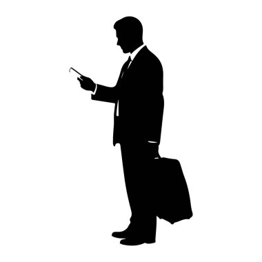 Takım elbiseli ve kravatlı bir adamın siyah silueti elindeki telefona bakıyor. Ayrıca diğer elinde bir evrak çantası tutuyor. Arkaplan beyaz.
