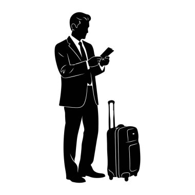 Takım elbiseli ve kravatlı bir iş adamının siyah silueti elinde telefonla ona bakıyor. Yanında yuvarlanan bir valiz var. Görüntü, beyaz arkaplana karşı temiz ve grafik bir gösterim..