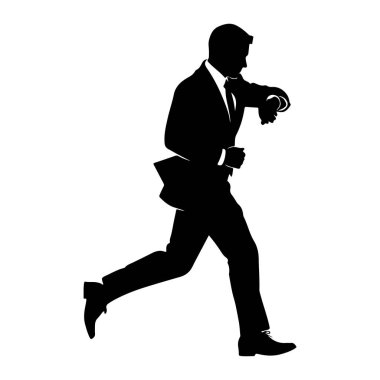 Takım elbiseli ve kravatlı bir adamın siyah bir silueti ileri doğru koşarken orta adımda yakalanır. O, bileğine bakıyor, bir saati kontrol ediyor gibi görünüyor. Görüntü, dinamik eylem ve duyuları vurgulayan beyaz bir arkaplan karşısında sade ve izole edilmiştir.