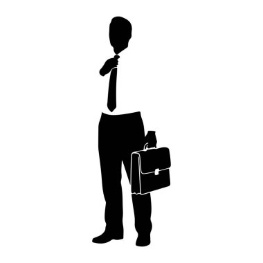 Ayakta duran ve kravatını düzelten siyah bir siluet. Takım elbise ve kravat takıyor ve sağ elinde bir evrak çantası tutuyor. Resim beyaz bir arkaplanda izole edilmiştir.