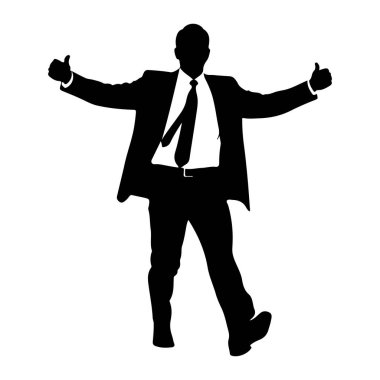 Takım elbiseli ve kravatlı bir işadamının siyah silueti kollarını açıp, başparmaklarını kaldırarak onay ya da başarıyı işaret ediyor. Şekil beyaz bir arkaplanda izole edilmiştir..