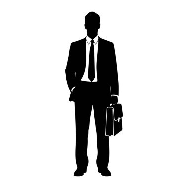 Takım elbiseli ve kravatlı bir adamın siyah silueti bir eli cebinde diğeri de evrak çantasını tutuyor. Resim beyaz bir arkaplanda izole edilmiştir.