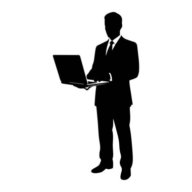 Takım elbiseli ve kravatlı bir adamın siyah silueti açık bir dizüstü bilgisayar tutuyor. Adam ileriye bakıyor ve klavyede yazıyor gibi görünüyor. Arkaplan düz beyaz.