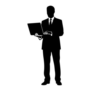 Takım elbiseli ve kravatlı bir adamın siyah silueti dizüstü bilgisayar tutuyor. Elleri klavyeye yazıyormuş gibi pozisyonda. Arkaplan düz beyaz.