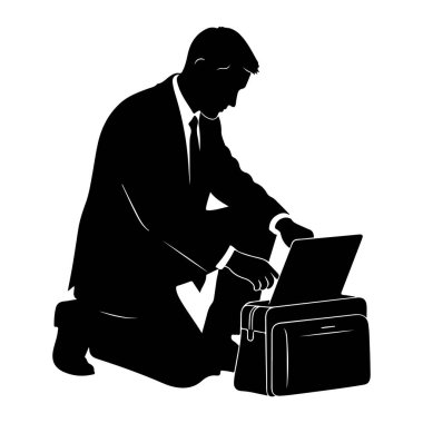 Takım elbiseli ve kravatlı bir adamın siyah silueti yerde diz çöküyor. Açık bir evrak çantasına bakıyor ve çantanın üstüne dizüstü bilgisayar yerleştirilmiş. Arkaplan düz beyaz.