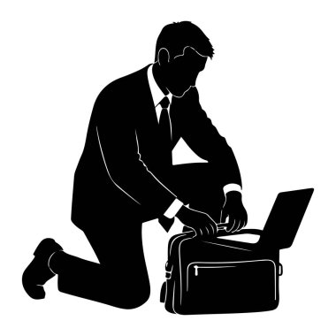 Takım elbiseli ve kravatlı bir iş adamının siyah silueti yerde diz çöküyor. Evrak çantasının üzerinde açık olan bir dizüstü bilgisayara odaklanmış. Evrak çantası da siyah ve sapı ve fermuarı var. Arkaplan beyaz.
