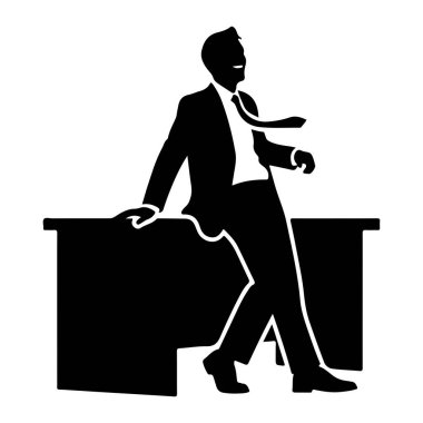 Takım elbiseli ve kravatlı bir iş adamının siyah silueti sıradan bir şekilde masaya yaslanıyor. O gülümsüyor ve yukarı bakıyor, bir eli masanın üzerinde dinleniyor ve diğer kolu dirseğe eğik. Görüntü açık ve net, siyah ve beyaz.