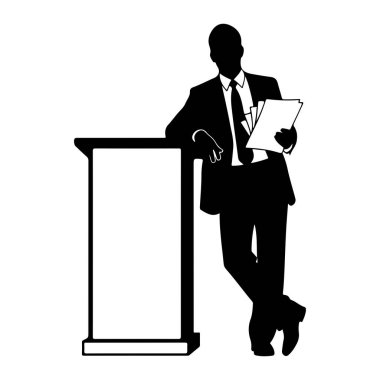 Takım elbiseli ve kravatlı bir adamın siyah silueti podyuma yaslanıyor. O, sol elinde birkaç sayfa kağıt tutar. Podyumun önünde boş bir dikdörtgen boşluk var. Arka plan bembeyaz..