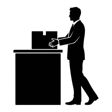 Yan taraftan takım elbiseli ve kravatlı bir işadamının siyah silueti gösteriliyor. Bir masaya doğru yürüyor ve yüzeyine bir kutu yerleştiriyor. Arkaplan beyaz.