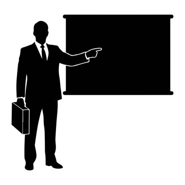 Takım elbiseli ve kravatlı siyah bir adam silueti sol elinde bir evrak çantası tutuyor. Sağ kolu uzatılmış ve işaret parmağı sağındaki büyük, boş bir ekranı işaret ediyor. Görüntü simsiyah beyaz ve beyaz.