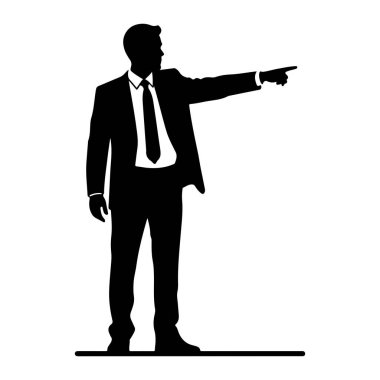 Takım elbiseli ve kravatlı bir adamın siyah silueti, sağ işaret parmağını çerçevenin sağ tarafına doğru göstererek tasvir edilir. Şekil beyaz bir arkaplanda izole edilmiş ve tabanı temsil eden ince siyah bir çizgi var..