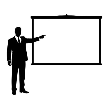 Takım elbiseli ve kravatlı bir adamın siyah silueti büyük, boş bir projeksiyon ekranının solunda duruyor. Sağ işaret parmağıyla ekranı işaret ediyor. Arkaplan beyaz.