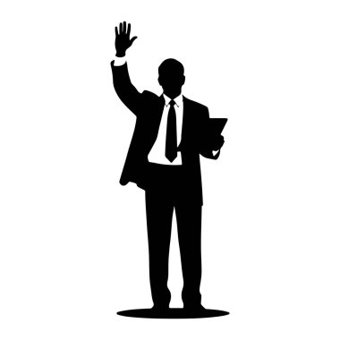 Takım elbiseli ve kravatlı bir adamın siyah silueti sağ eli havada, avuç içi açık duruyor. O, sol elinde bir tablet tutuyor. Şekil beyaz bir arkaplanda izole edilmiştir..