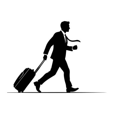 Takım elbiseli ve kravatlı bir işadamının siyah silueti tekerlekli bavulu çekerken yürürken resmedilir. Şekil, beyaz bir arkaplanda, zemini gösteren ince siyah bir çizgi ile profil olarak gösterilir. Adamın kravatı görünüyor. 
